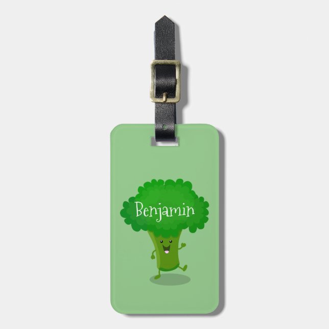 Cute kawaii dancing broccoli cartoon illustration luggage tag (Front Vertical)