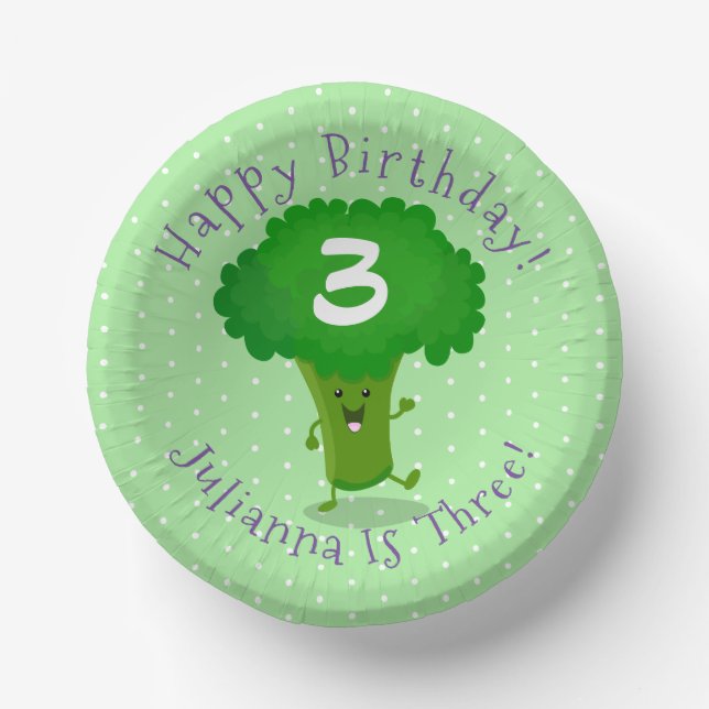 Cute kawaii dancing broccoli cartoon illustration paper plate (Front)