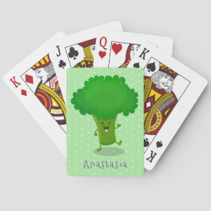 Cute kawaii dancing broccoli cartoon illustration playing cards
