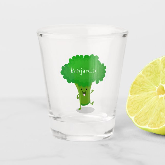 Cute kawaii dancing broccoli cartoon illustration shot glass (Front)