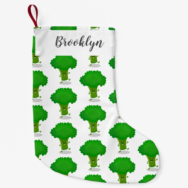 Cute kawaii dancing broccoli cartoon illustration  small christmas stocking (Front)