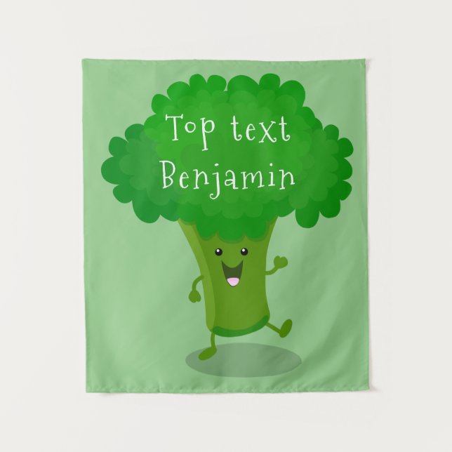 Cute kawaii dancing broccoli cartoon illustration  tapestry (Front)