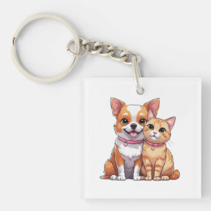 Cute Kawaii Dog and Cat Cartoon Keychain