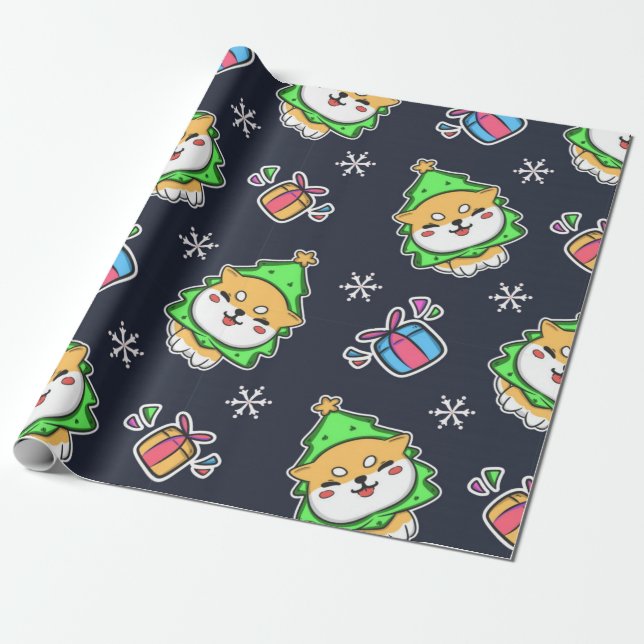 Cute Kawaii Dog Christmas Pattern Wrapping Paper (Unrolled)