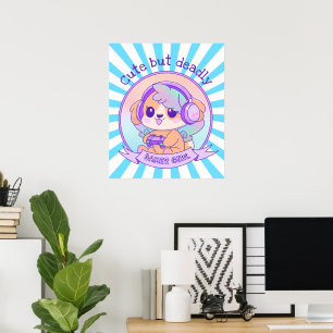 Cute Kawaii Dog with Wings Gamer Girl Starbust Blu Poster