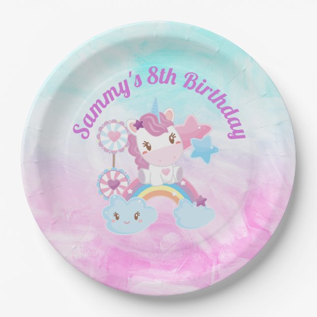 Cute Kawaii Dreamy Unicorn Rainbow Cloud Birthday Paper Plate (Front)