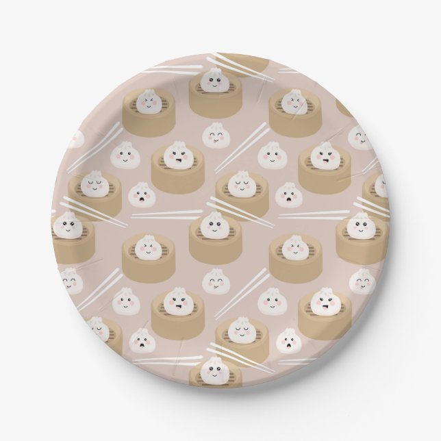Cute Kawaii Dumplings Steamer Chopsticks  Paper Plate (Front)