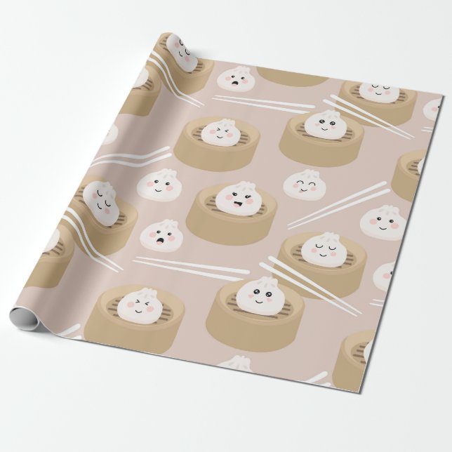 Cute Kawaii Dumplings Steamer Chopsticks  Wrapping Paper (Unrolled)