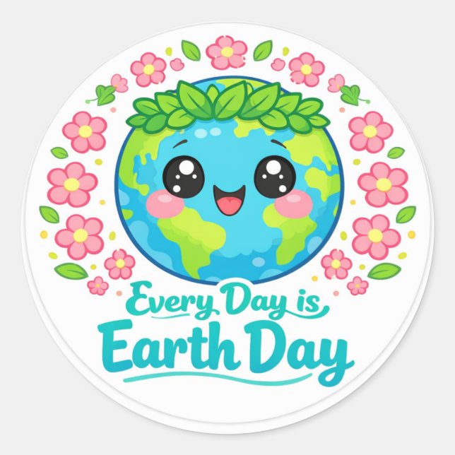 Cute Kawaii Earth Day Round Sticker (Front)