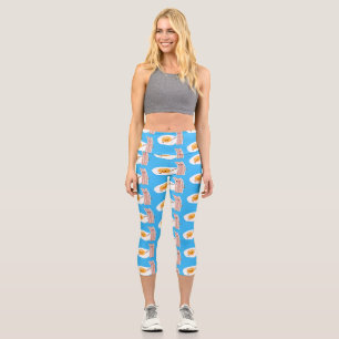 Cute kawaii egg and bacon cartoon illustration capri leggings