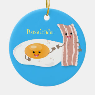 Cute kawaii egg and bacon cartoon illustration ceramic ornament