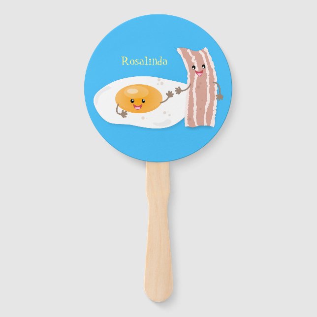 Cute kawaii egg and bacon cartoon illustration hand fan (Front)