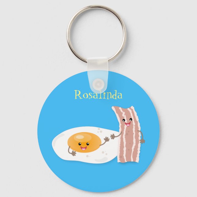 Cute kawaii egg and bacon cartoon illustration keychain (Front)