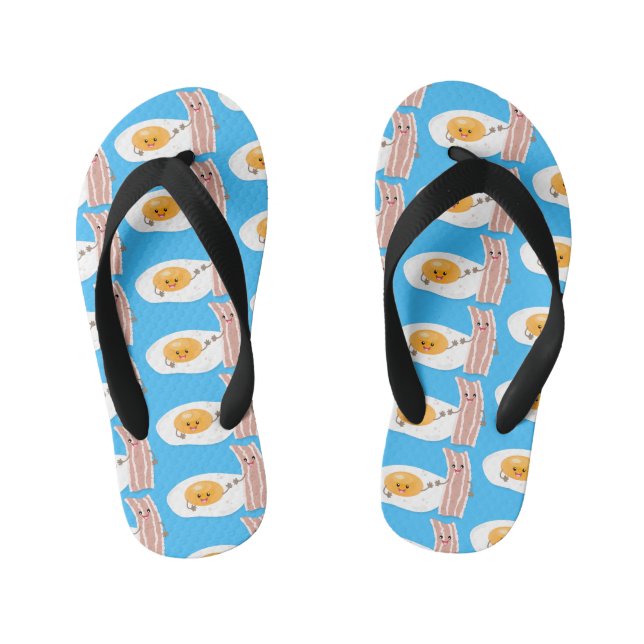 Cute kawaii egg and bacon cartoon illustration kid's flip flops (Footbed)