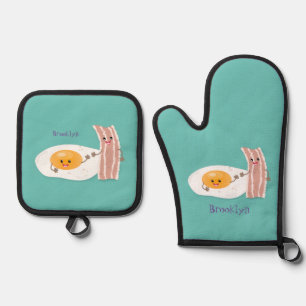 Cute kawaii egg and bacon cartoon illustration oven mitt & pot holder set