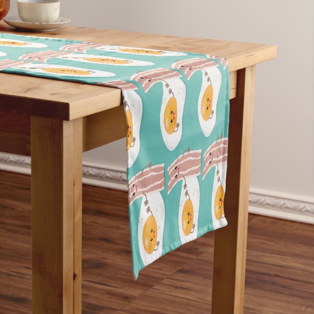 Cute kawaii egg and bacon cartoon illustration short table runner (In Situ)