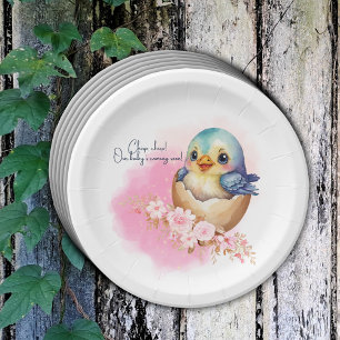 Cute Kawaii Egg Bird Elegant Floral Baby Shower Paper Plate