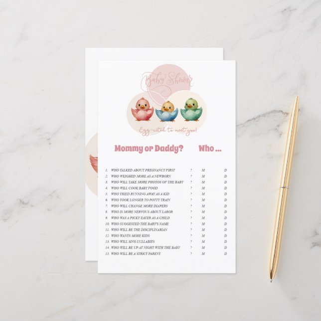 Cute Kawaii Egg Birds Pastel Coloured M or D Game (Front/Back In Situ)