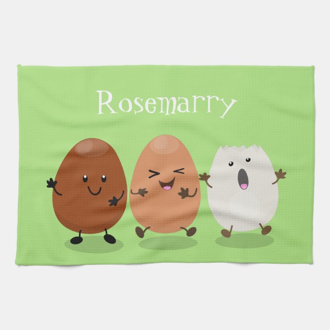 Cute kawaii eggs funny cartoon illustration kitchen towel (Horizontal)