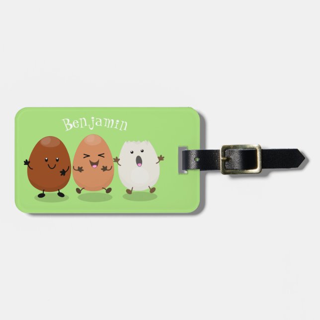 Cute kawaii eggs funny cartoon illustration luggage tag (Front Horizontal)