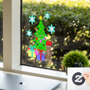 Cute Kawaii Face Christmas Tree Scene 8x11 or up Window Cling