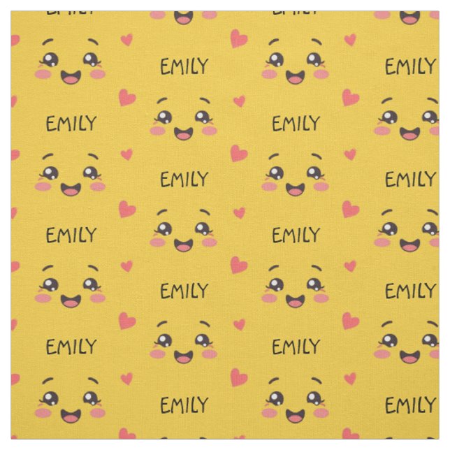 Cute Kawaii Face Custom Name Yellow Cotton Fabric (Swatch)