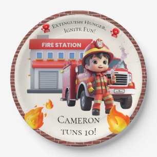 Cute Kawaii Firefighter Boy and Fire Truck Paper Plate