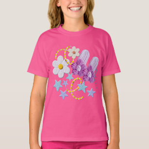 Cute Kawaii Floral & Stars Kidcore Pink T-Shirt