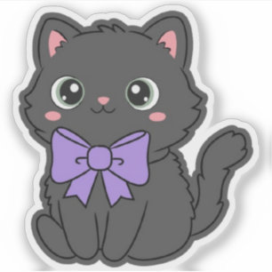 Cute Kawaii Fluffy Cat Large Purple Bow Vinyl