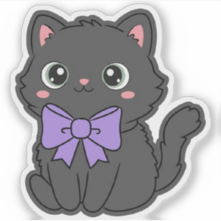 Cute Kawaii Fluffy Cat Large Purple Bow Vinyl