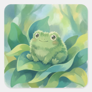 Cute Kawaii Fluffy Green Frog on Leaves Square Sticker