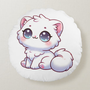 Cute Kawaii Fluffy Kitten Round Pillow