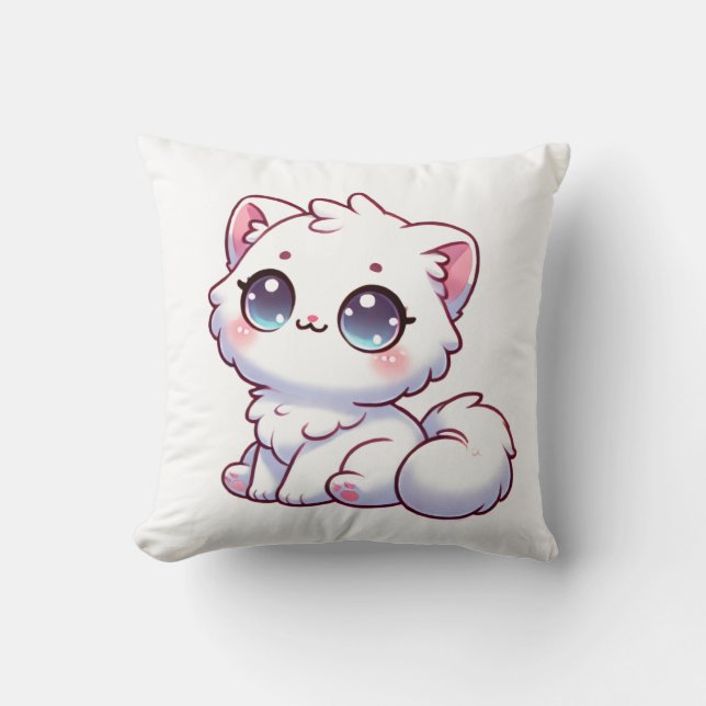 Cute Kawaii Fluffy Kitten Throw Pillow (Front)