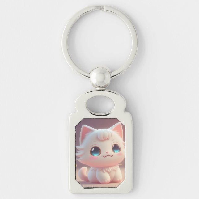 Cute Kawaii Fluffy White Cat Keychain (Front)