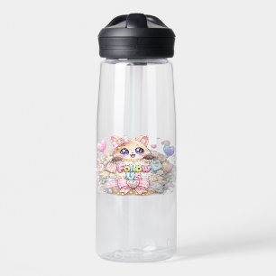 Cute Kawaii Follow Us Cat Pastel Pink Social Media Water Bottle