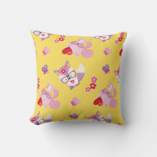 Cute Kawaii Fox Boho Valentine Foxes Yellow Throw Pillow