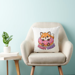 Cute Kawaii Fox Doughnut Worry Funny Food Pun Throw Pillow