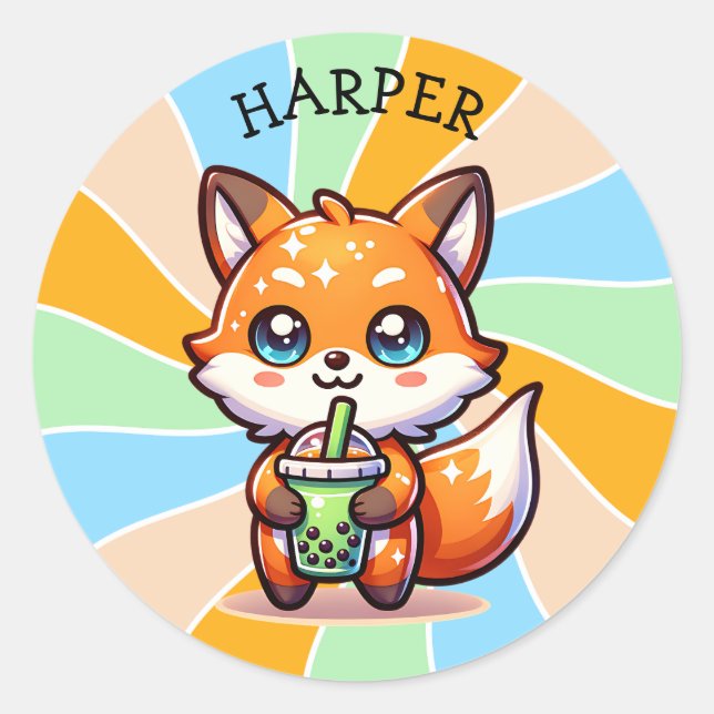 Cute Kawaii Fox with Bubble Tea Personalized Classic Round Sticker (Front)