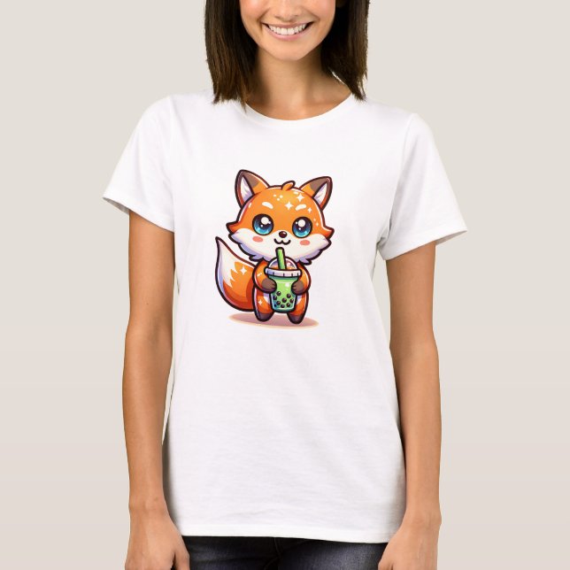 Cute Kawaii Fox with Bubble Tea Personalized T-Shirt (Front)