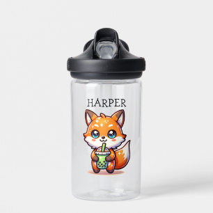 Cute Kawaii Fox with Bubble Tea Personalized Water Bottle