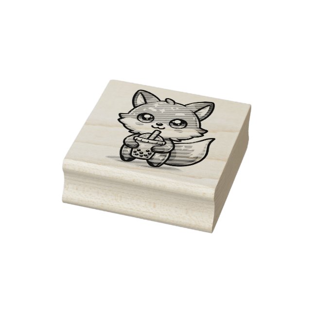 Cute Kawaii Fox with Bubble Tea   Rubber Stamp (Stamp)