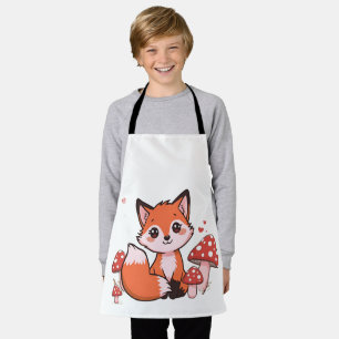 Cute Kawaii Fox with Mushrooms Cartoon Art Apron