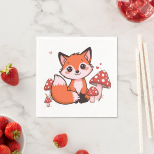 Cute Kawaii Fox with Mushrooms Cartoon Art Napkin