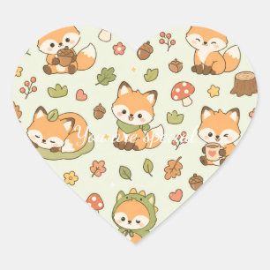 Cute Kawaii Fox Woodland Pattern   Autumn Forest  Heart Sticker