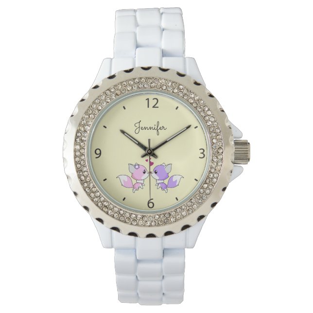 Cute kawaii foxes cartoon in pink and purple name watch (Front)