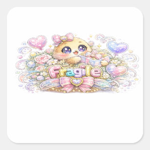 Cute Kawaii Fragile Handle With Care Cat Pastel Pi Square Sticker