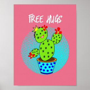 Cute Kawaii Free Hugs Smiling Cactus Plant Graphic Poster