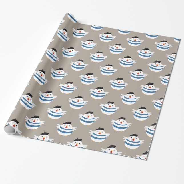 Cute Kawaii French Hen Illustration Gift Wrap (Unrolled)