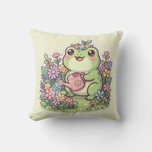 Cute Kawaii Frog Gardening Flower Crown Throw Pillow