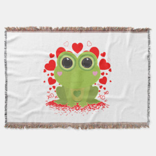Cute Kawaii Frog Hearts XOXO Cozy Love Artwork Throw Blanket